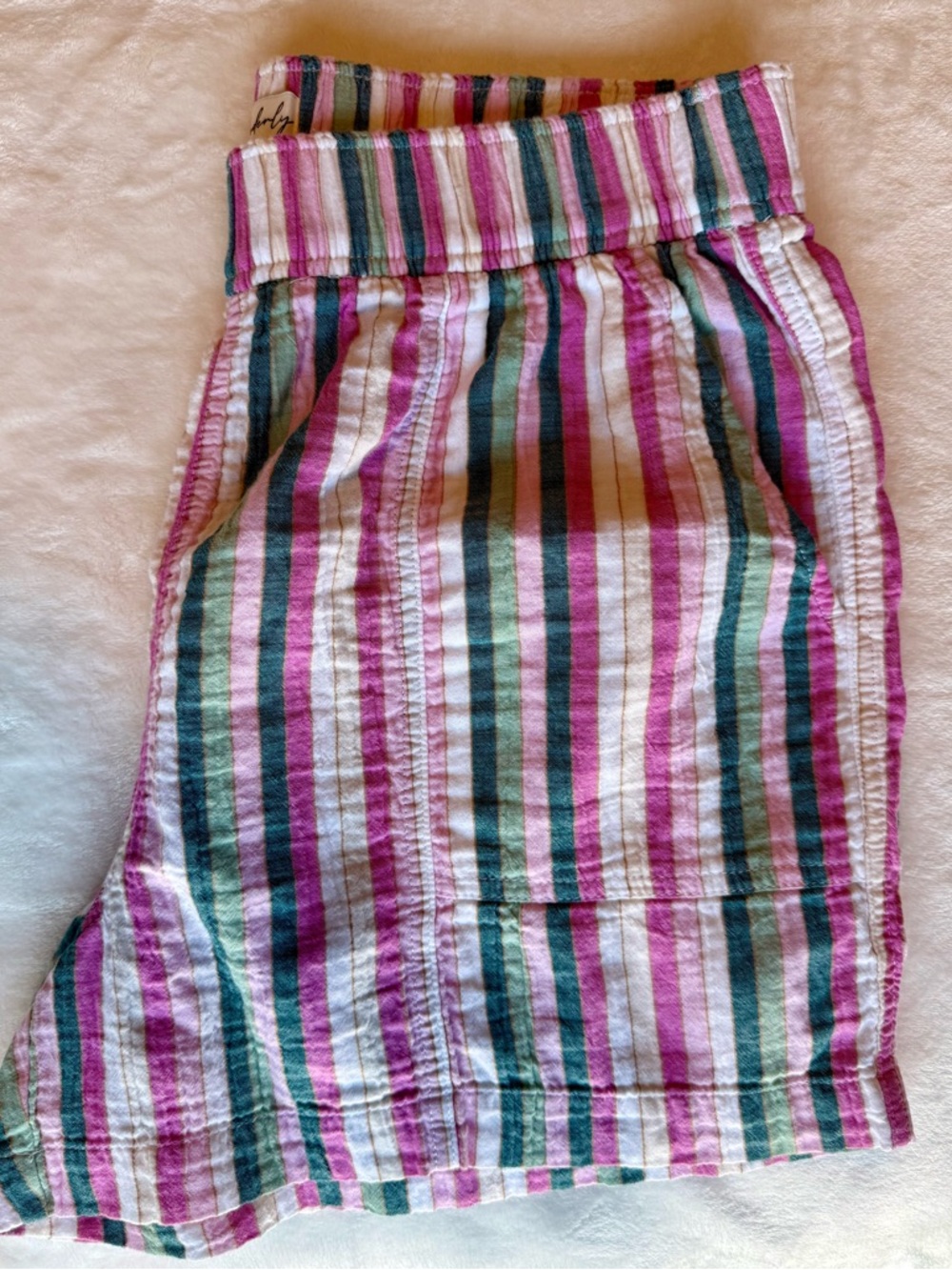 Wonderly Pink, Green & Cream Striped Elastic-Waist Shorts - Picture 4 of 7